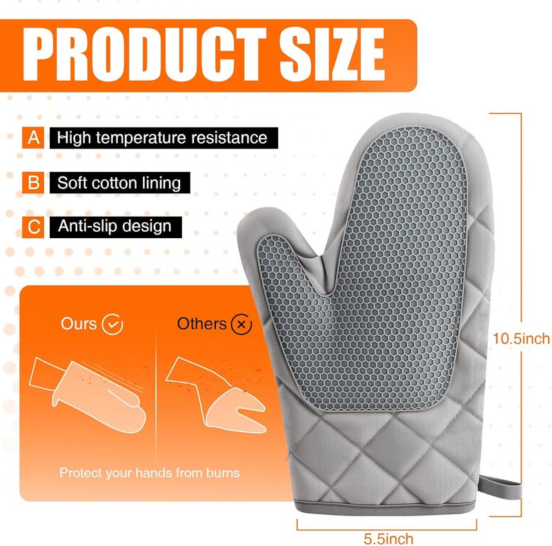 HSEEC Silicone Oven Mitts, Heat Resistant 2PCS Oven Mitts with Soft Cotton Lining, Waterproof Non-Slip Grip Oven Glove, Kitchen Potholder Mits for BBQ, Baking, Cooking, 10.5Inch - Dark Grey - Image 2